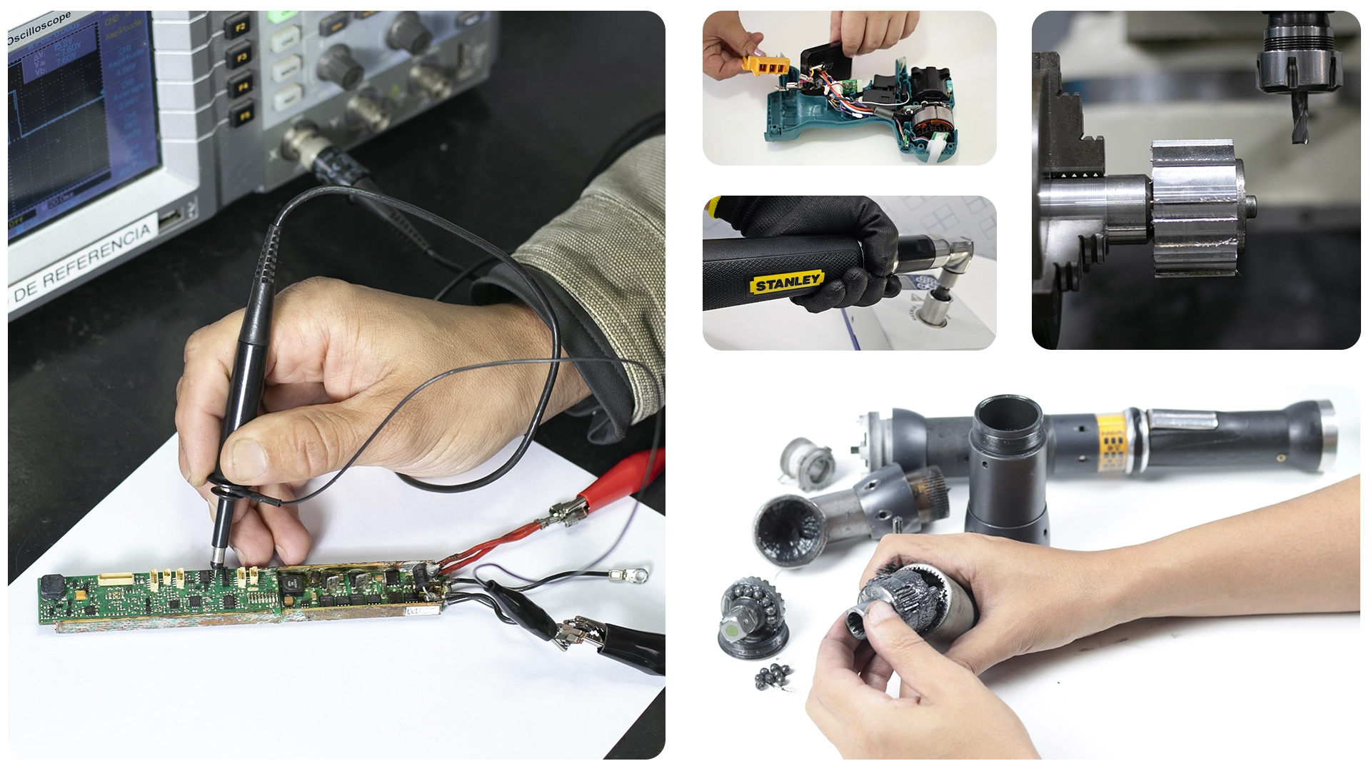 Mosaico de técnicos e equipamentos em manutenção