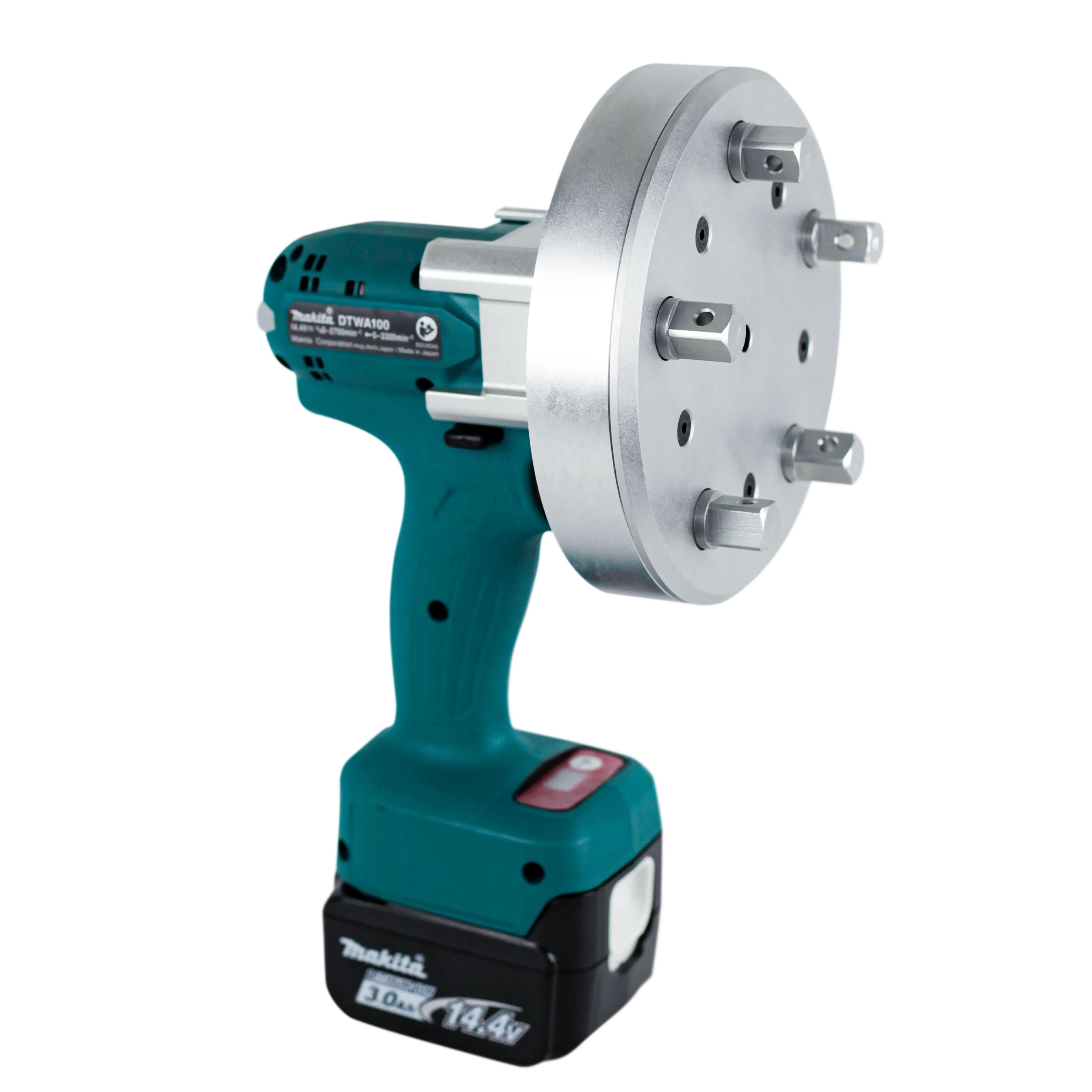 Apertadeira a bateria multifuso M. Shimizu com cabeçote multieixos para fixação simultânea de parafusos em rodas e componentes automotivos.