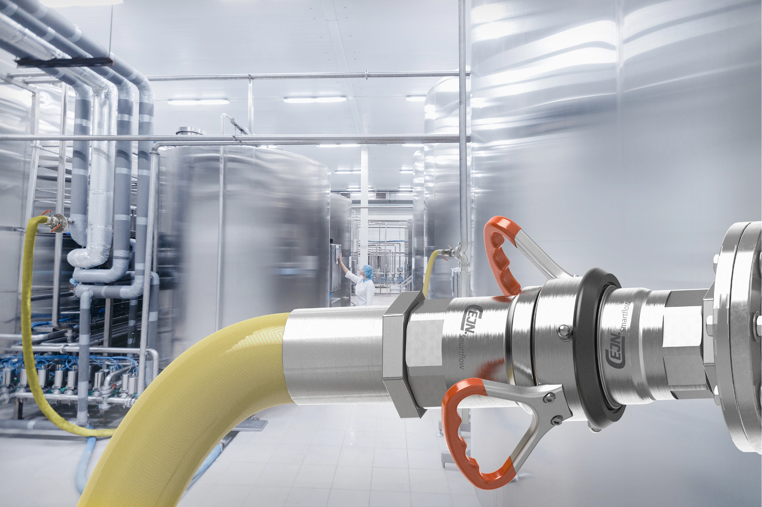 Vista explodida do engate Smartflow dry break com identificação de componentes. Acoplamento seco 25 bar para transferência segura de fluidos. Aplicações: AdBlue, bunkering, IBC, Oil & Gas, petroquímica, Food & Beverage,