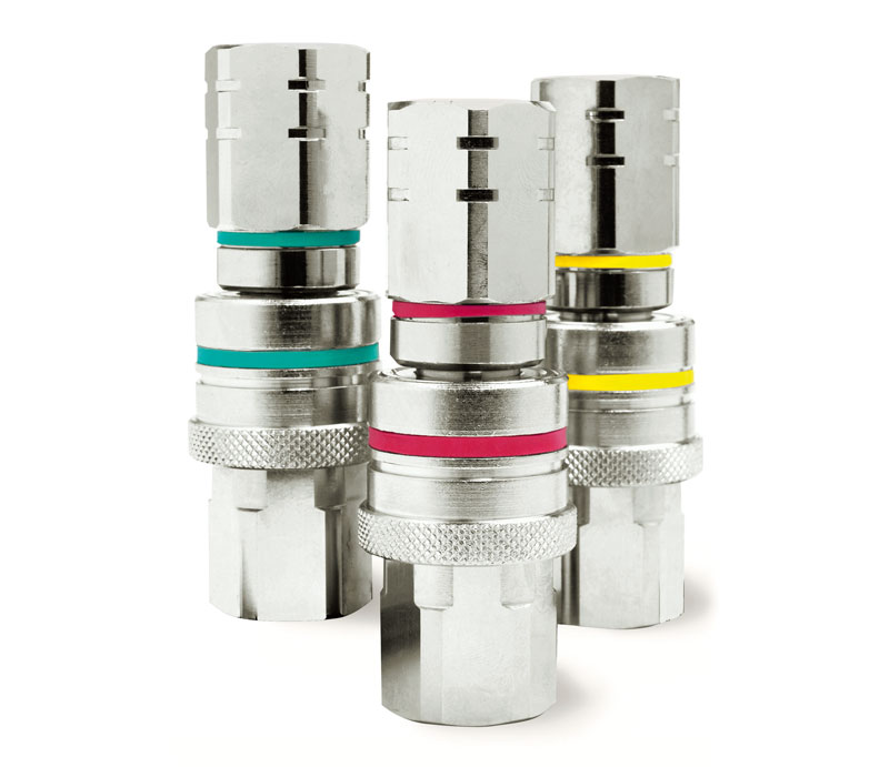 Engates rápidos industriais modulares sem vazamento para fluidos, com codificação por cores de segurança.