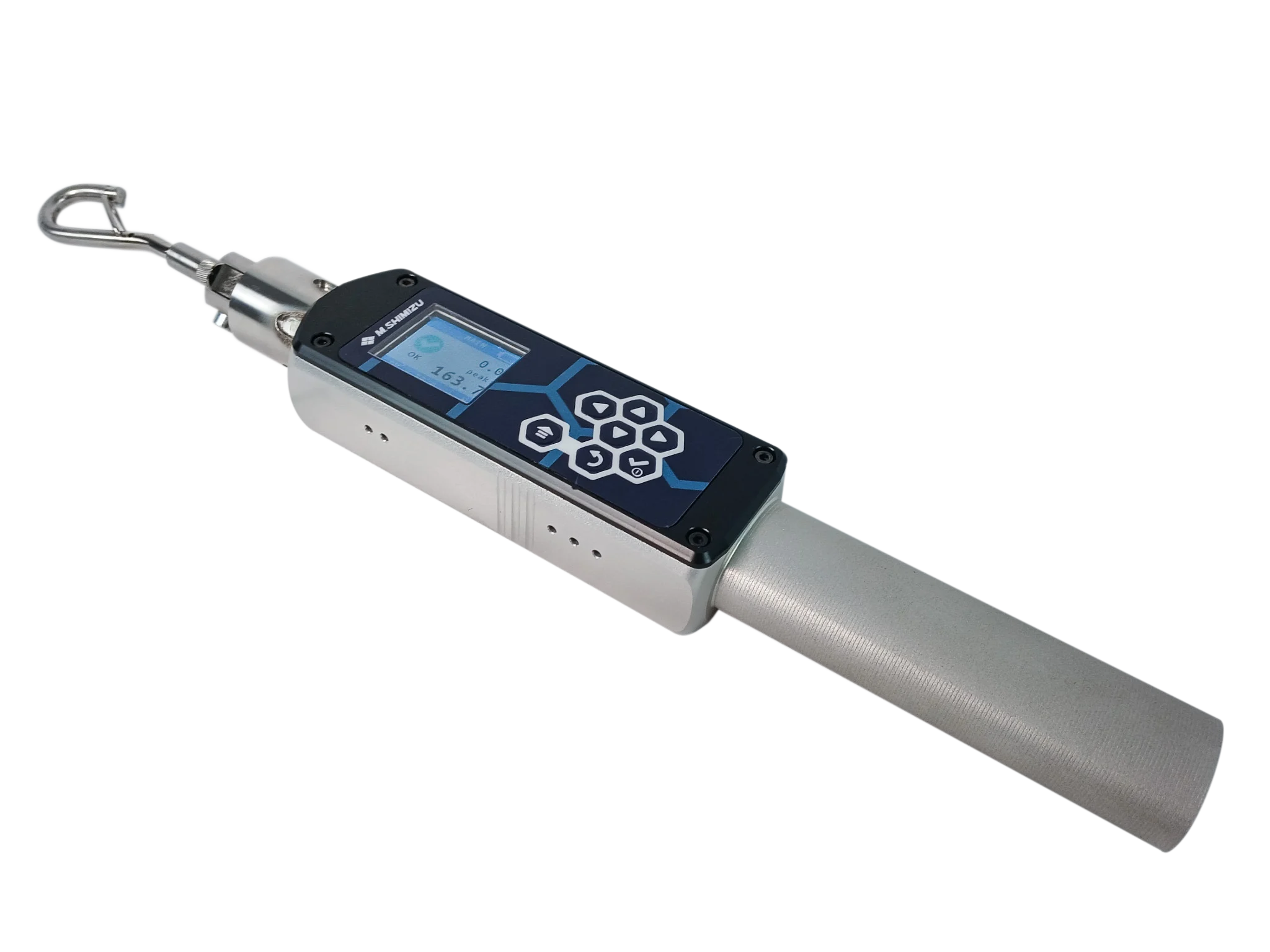 Sistema portátil de medição de força de extração da guarnição com display digital e empunhadura ergonômica, distribuído pela M Shimizu para testes de conformidade em guarnições automotivas.