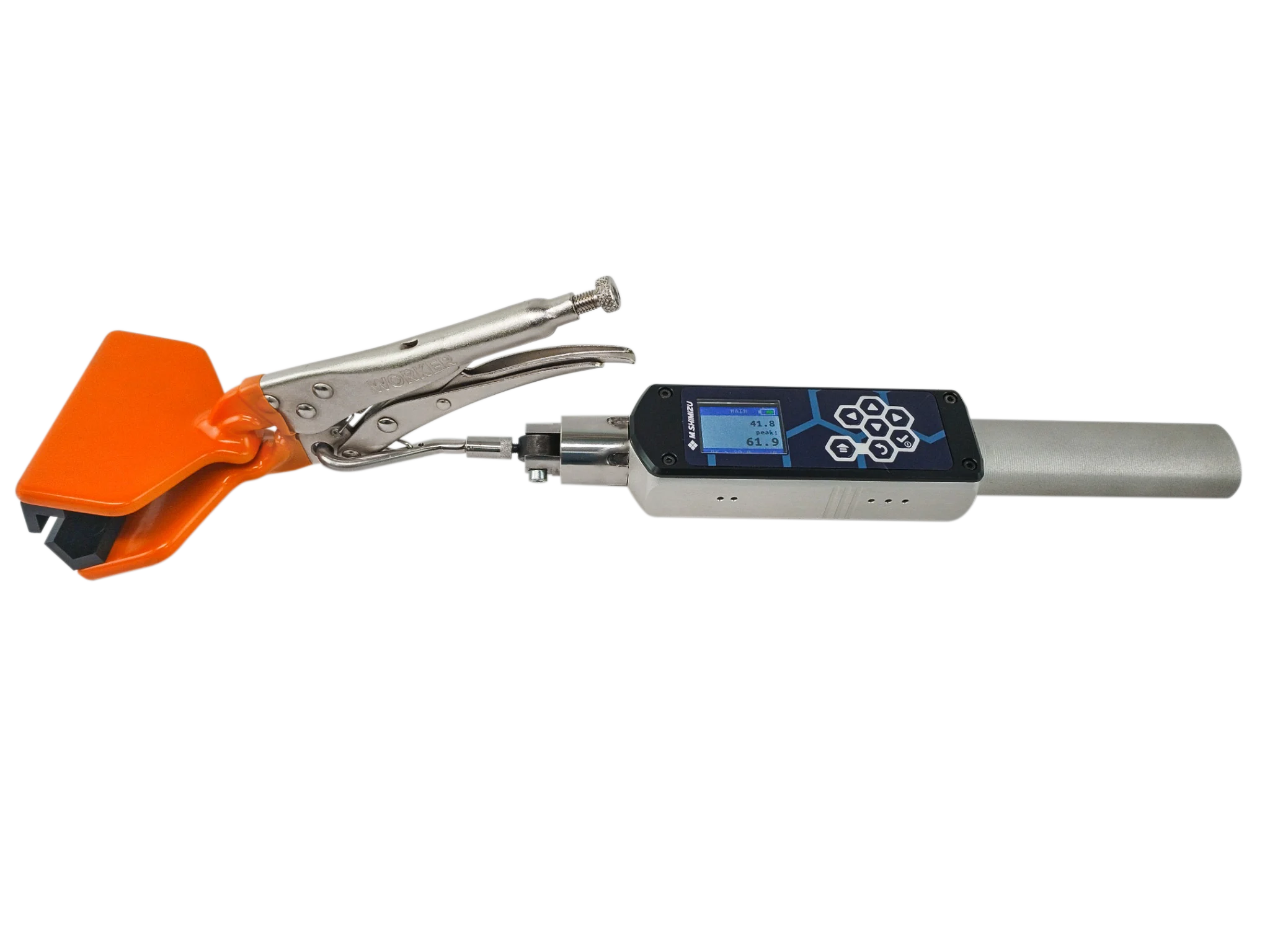 Sistema portátil de medição de força de extração da guarnição com display digital e empunhadura ergonômica, distribuído pela M Shimizu para testes de conformidade em guarnições automotivas.