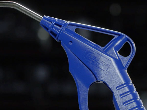 Pistola de ar comprimido CEJN Série 208 com corpo leve, bico angular e design ergonômico para uso industrial.