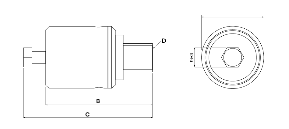 Desenho técnico do simulador de junta rígida e flexível M. Shimizu, exibindo vista lateral e frontal com medidas dimensionais B, C, D e E, utilizado para testes de torque, validação de apertadeiras e calibração em linhas de montagem automotiva e industrial.