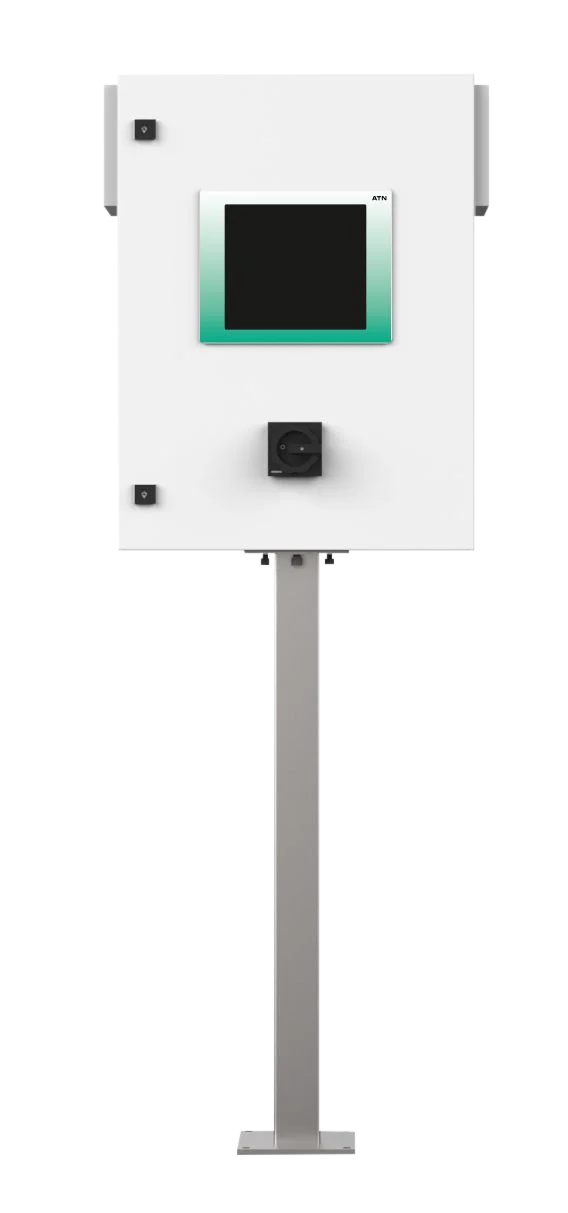 Painel de controle ATN IFC com tela touch de 12 polegadas, montado em estrutura metálica para controle de sistemas de aplicação industrial